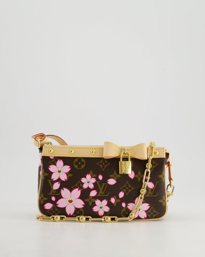 *NEW* Louis Vuitton X Takashi Murakami Brown Pochette Accessories Bag with Cherry Blossom Motifs in Coated Canvas & Calfskin Leather with Gold Hardware