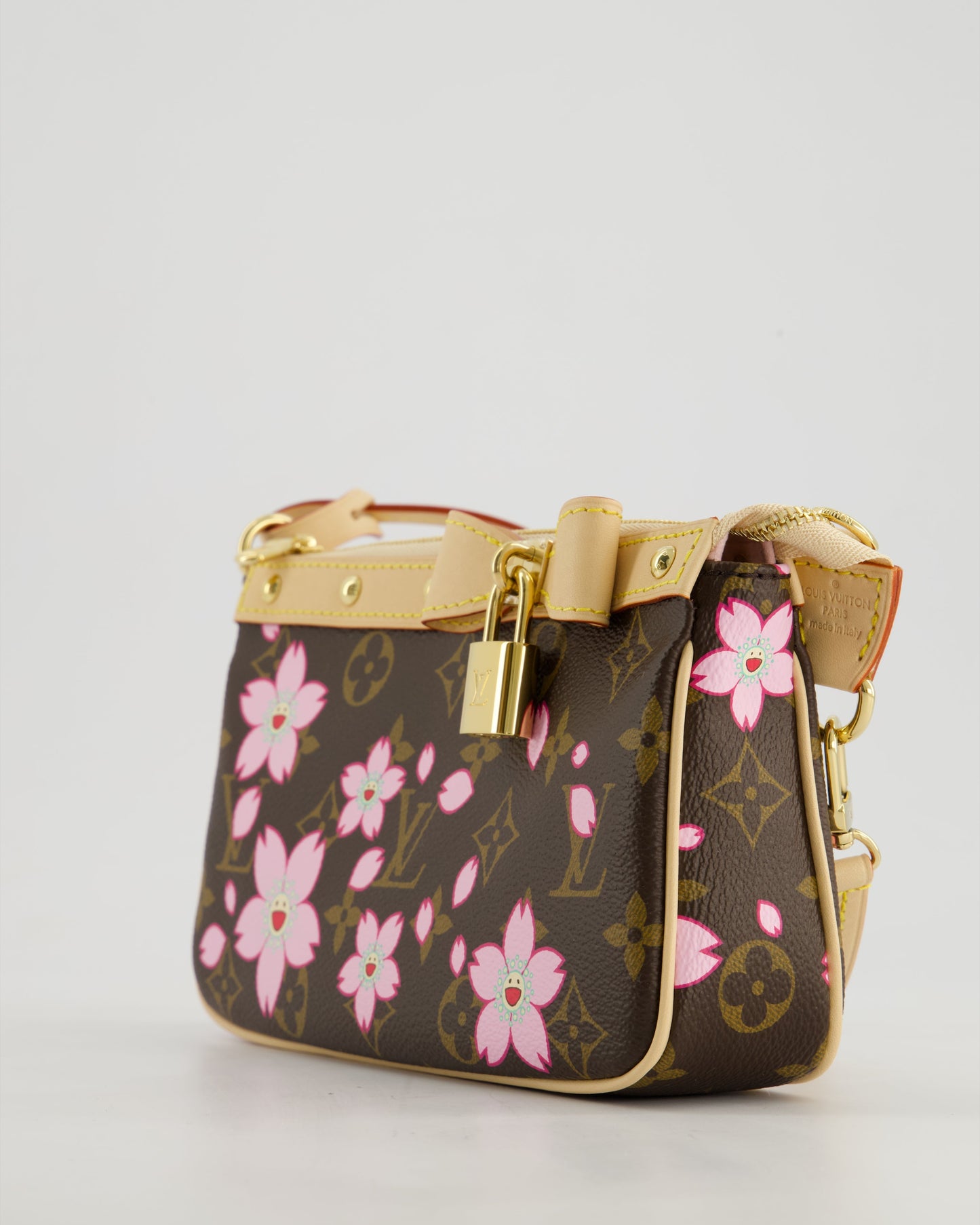 *NEW* Louis Vuitton X Takashi Murakami Brown Pochette Accessories Bag with Cherry Blossom Motifs in Coated Canvas & Calfskin Leather with Gold Hardware