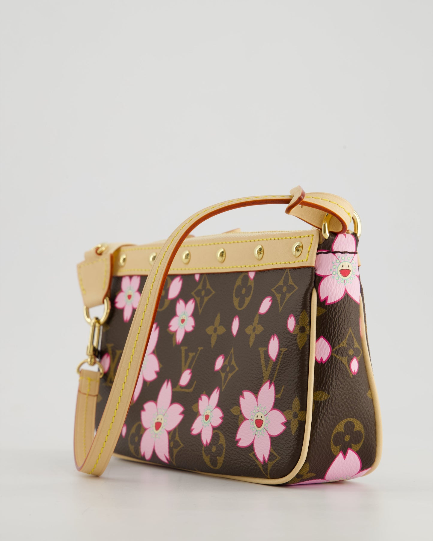 *NEW* Louis Vuitton X Takashi Murakami Brown Pochette Accessories Bag with Cherry Blossom Motifs in Coated Canvas & Calfskin Leather with Gold Hardware