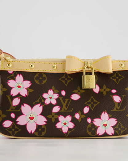 *NEW* Louis Vuitton X Takashi Murakami Brown Pochette Accessories Bag with Cherry Blossom Motifs in Coated Canvas & Calfskin Leather with Gold Hardware