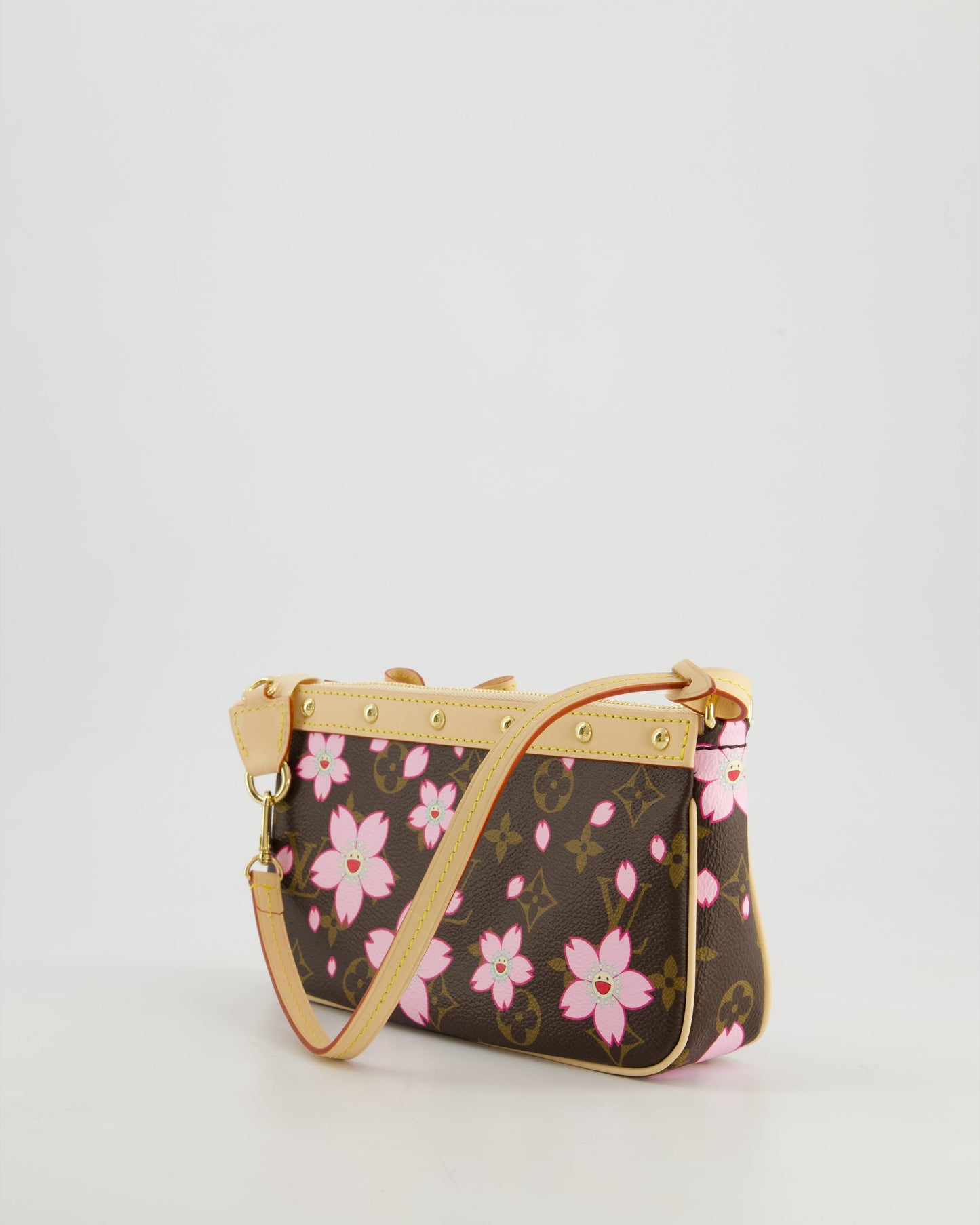 *NEW* Louis Vuitton X Takashi Murakami Brown Pochette Accessories Bag with Cherry Blossom Motifs in Coated Canvas & Calfskin Leather with Gold Hardware
