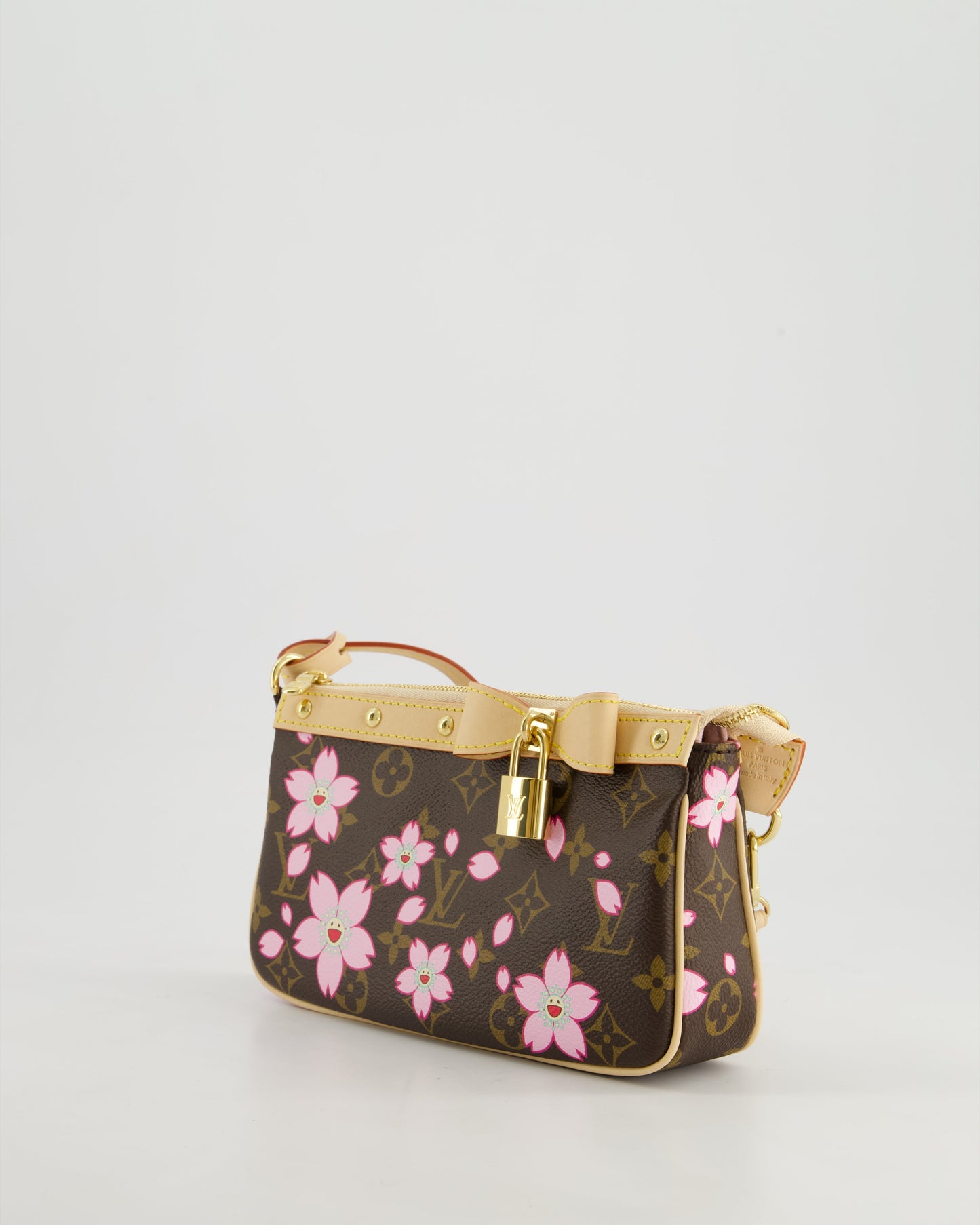 *NEW* Louis Vuitton X Takashi Murakami Brown Pochette Accessories Bag with Cherry Blossom Motifs in Coated Canvas & Calfskin Leather with Gold Hardware