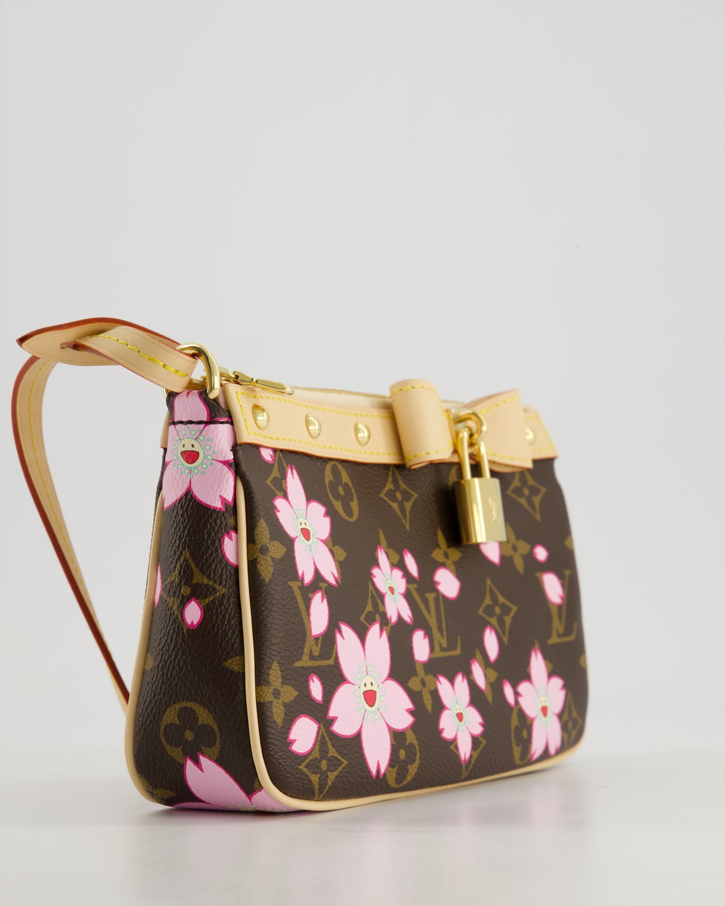 *NEW* Louis Vuitton X Takashi Murakami Brown Pochette Accessories Bag with Cherry Blossom Motifs in Coated Canvas & Calfskin Leather with Gold Hardware