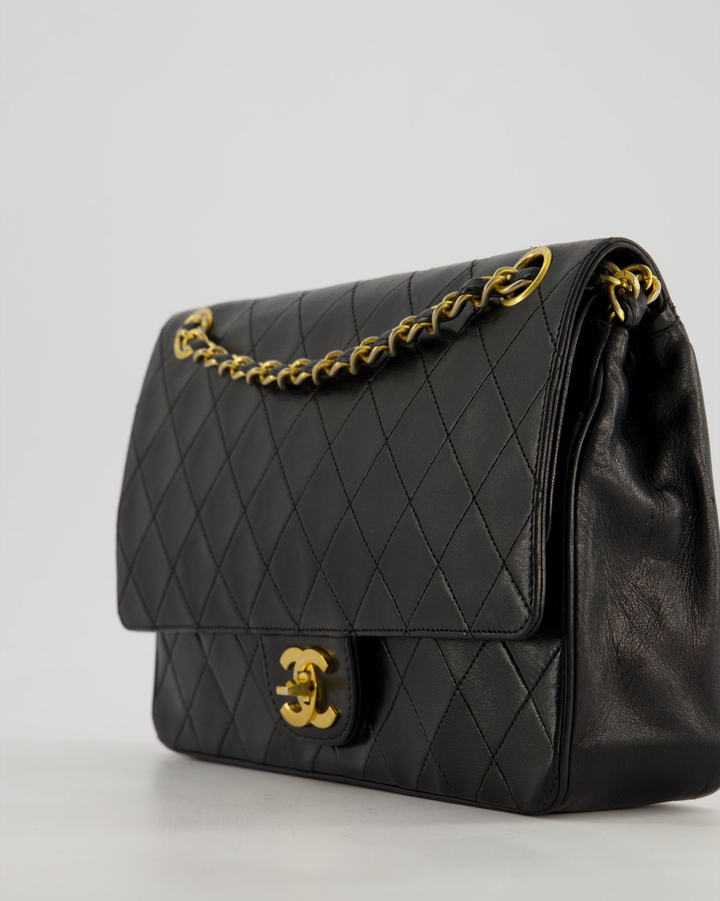 Chanel Vintage Black Classic Medium Stitched Edge Double Flap Bag in Lambskin Leather with 24K Gold Hardware