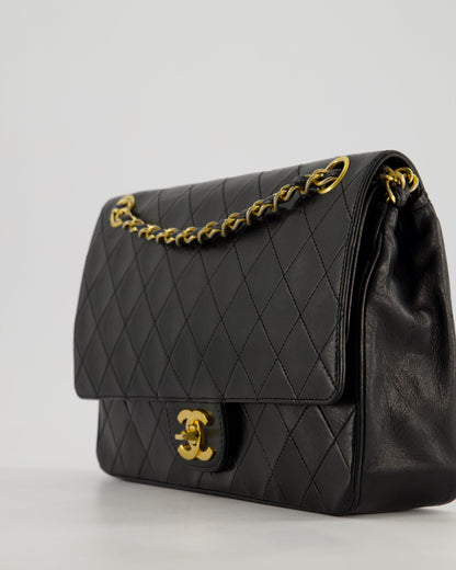 Chanel Vintage Black Classic Medium Stitched Edge Double Flap Bag in Lambskin Leather with 24K Gold Hardware