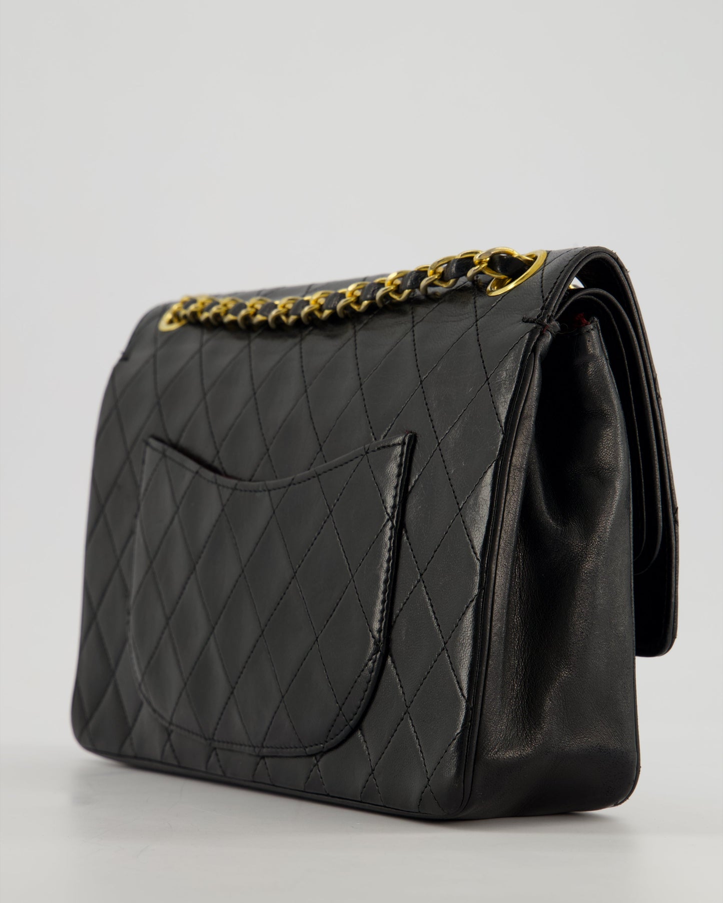 Chanel Vintage Black Classic Medium Stitched Edge Double Flap Bag in Lambskin Leather with 24K Gold Hardware