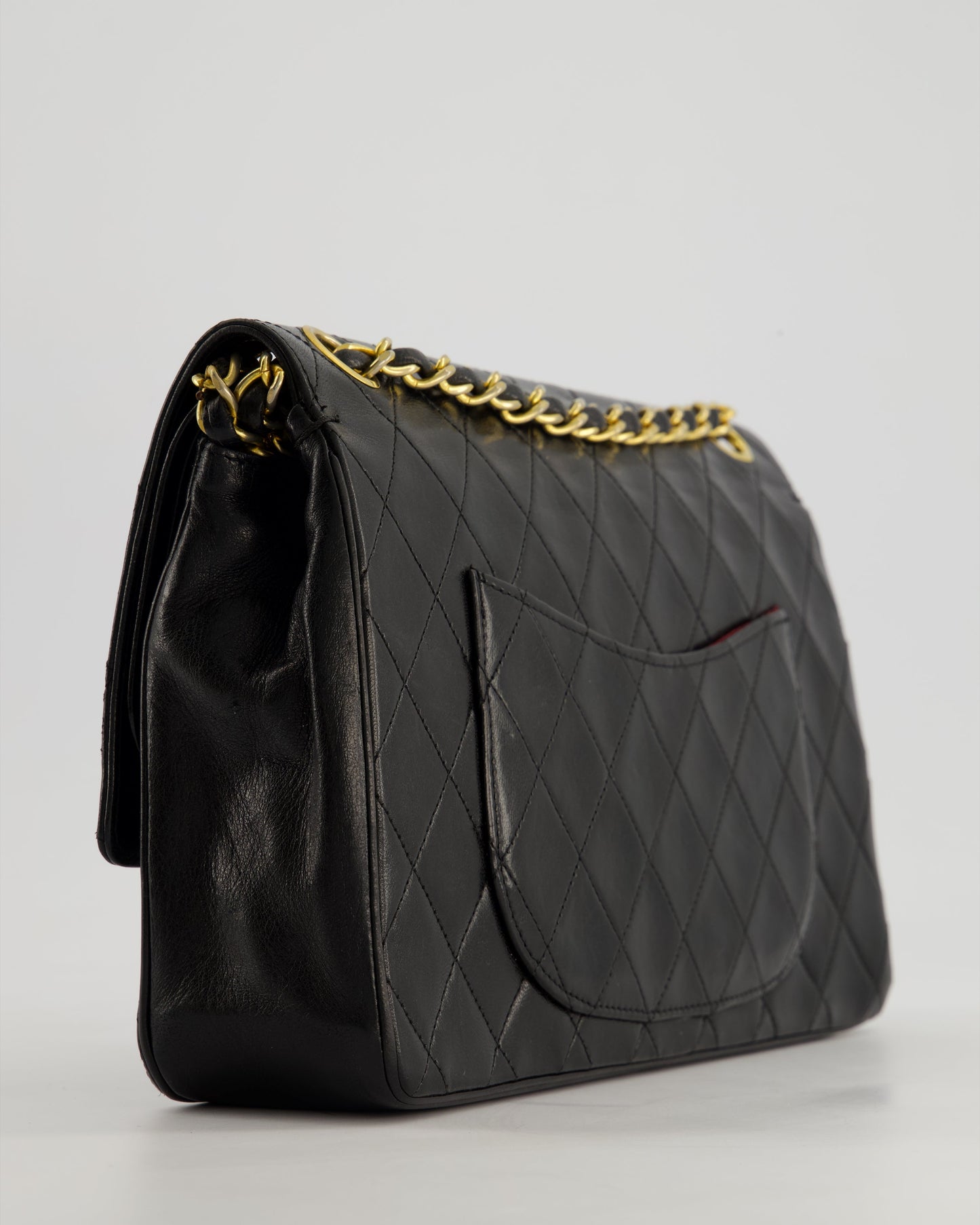 Chanel Vintage Black Classic Medium Stitched Edge Double Flap Bag in Lambskin Leather with 24K Gold Hardware