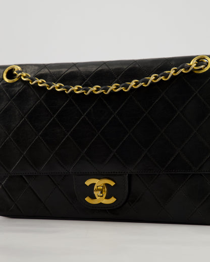 Chanel Vintage Black Classic Medium Stitched Edge Double Flap Bag in Lambskin Leather with 24K Gold Hardware