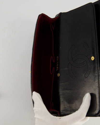 Chanel Vintage Black Classic Medium Stitched Edge Double Flap Bag in Lambskin Leather with 24K Gold Hardware