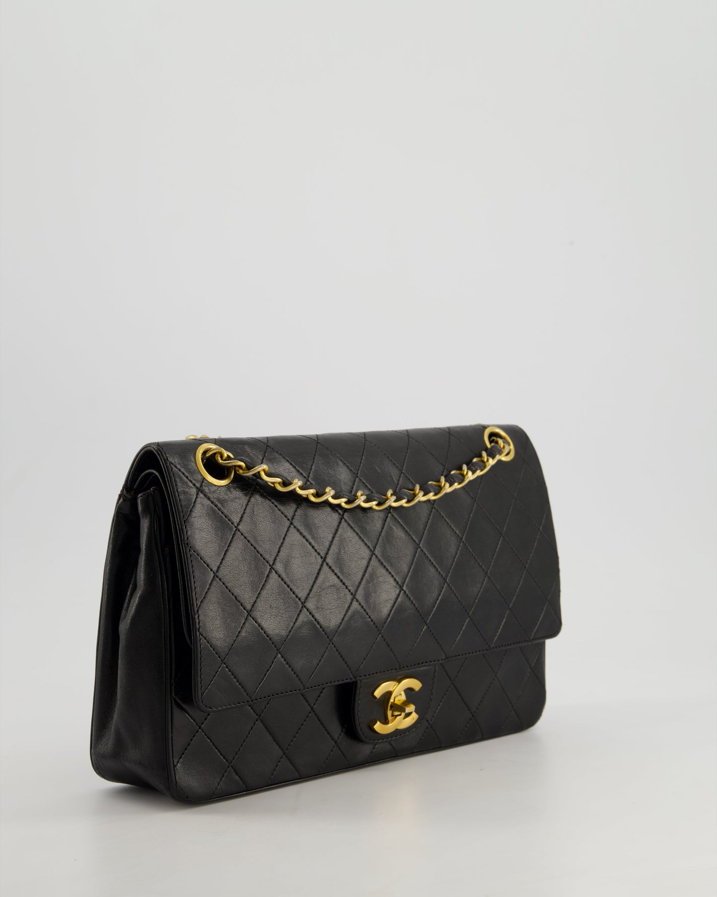 Chanel Vintage Black Classic Medium Stitched Edge Double Flap Bag in Lambskin Leather with 24K Gold Hardware