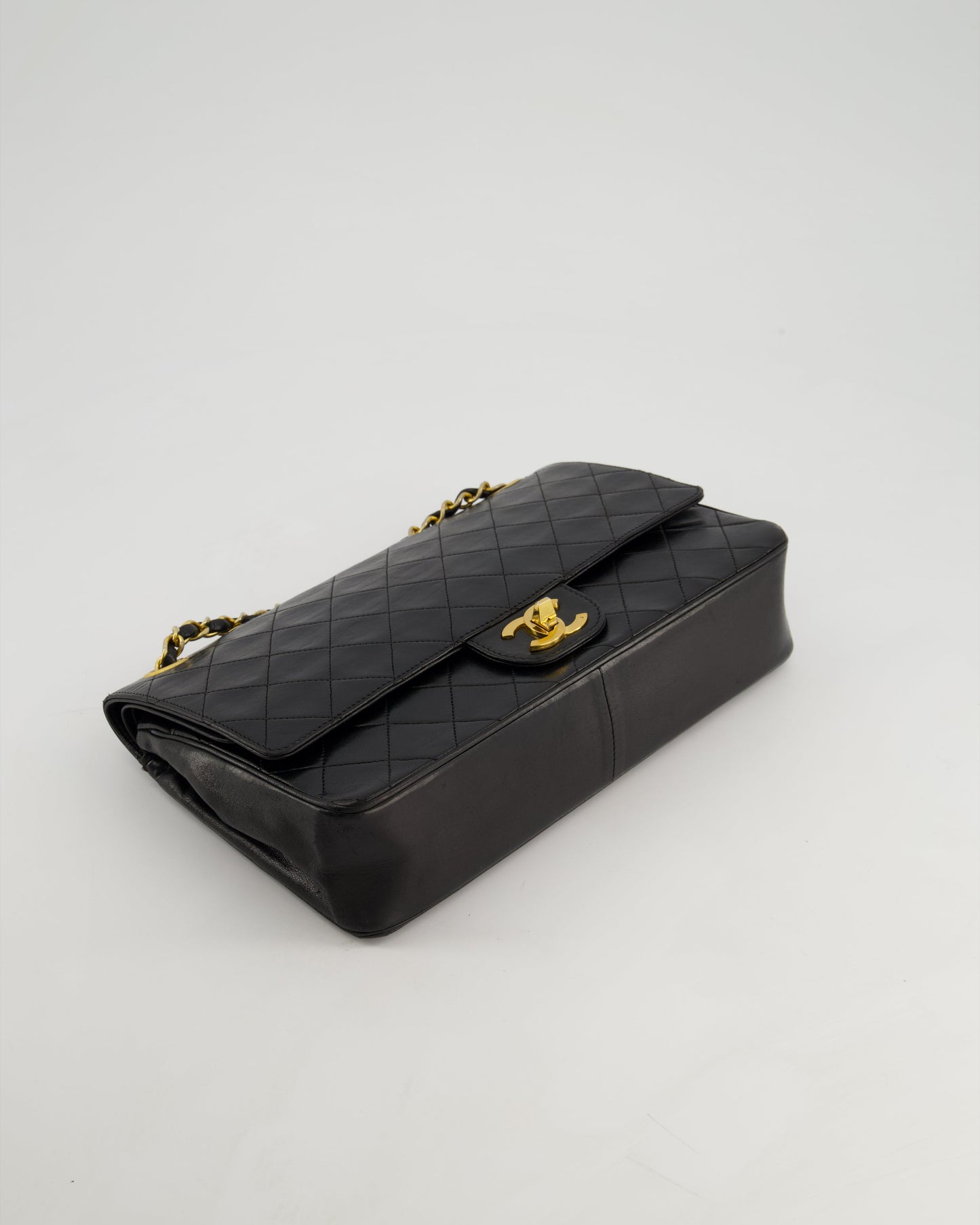Chanel Vintage Black Classic Medium Stitched Edge Double Flap Bag in Lambskin Leather with 24K Gold Hardware