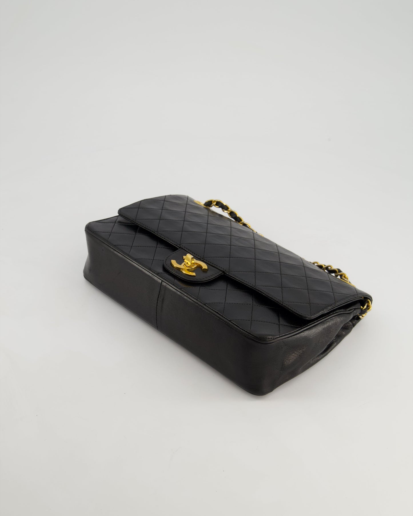 Chanel Vintage Black Classic Medium Stitched Edge Double Flap Bag in Lambskin Leather with 24K Gold Hardware