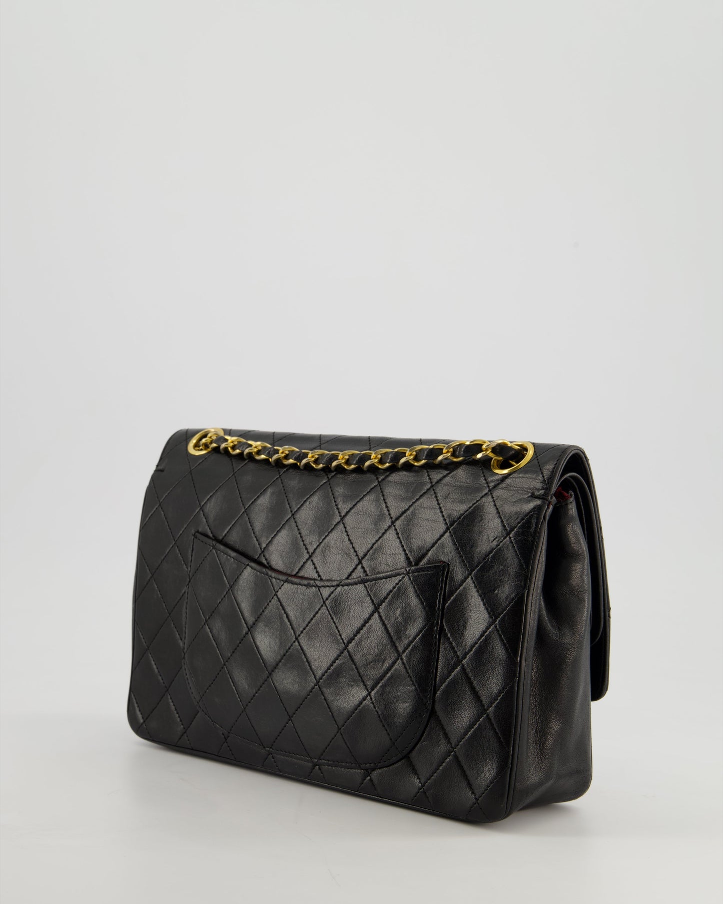 Chanel Vintage Black Classic Medium Stitched Edge Double Flap Bag in Lambskin Leather with 24K Gold Hardware