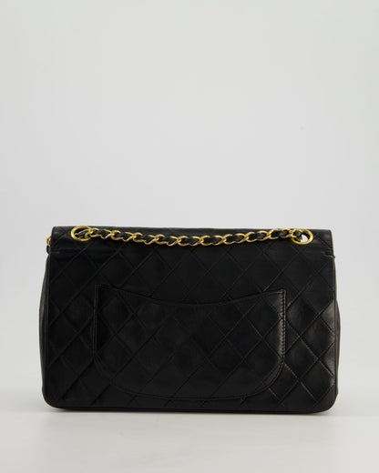 Chanel Vintage Black Classic Medium Stitched Edge Double Flap Bag in Lambskin Leather with 24K Gold Hardware