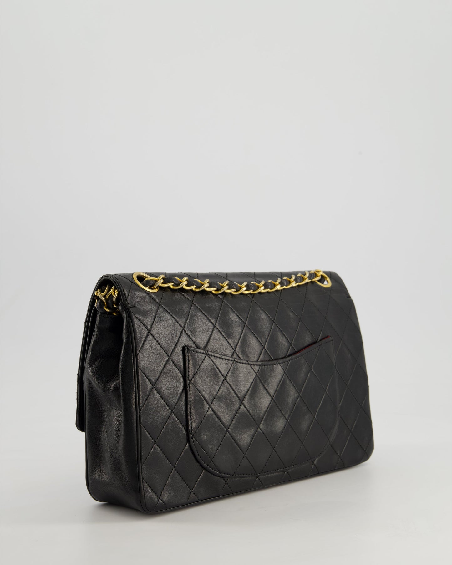 Chanel Vintage Black Classic Medium Stitched Edge Double Flap Bag in Lambskin Leather with 24K Gold Hardware