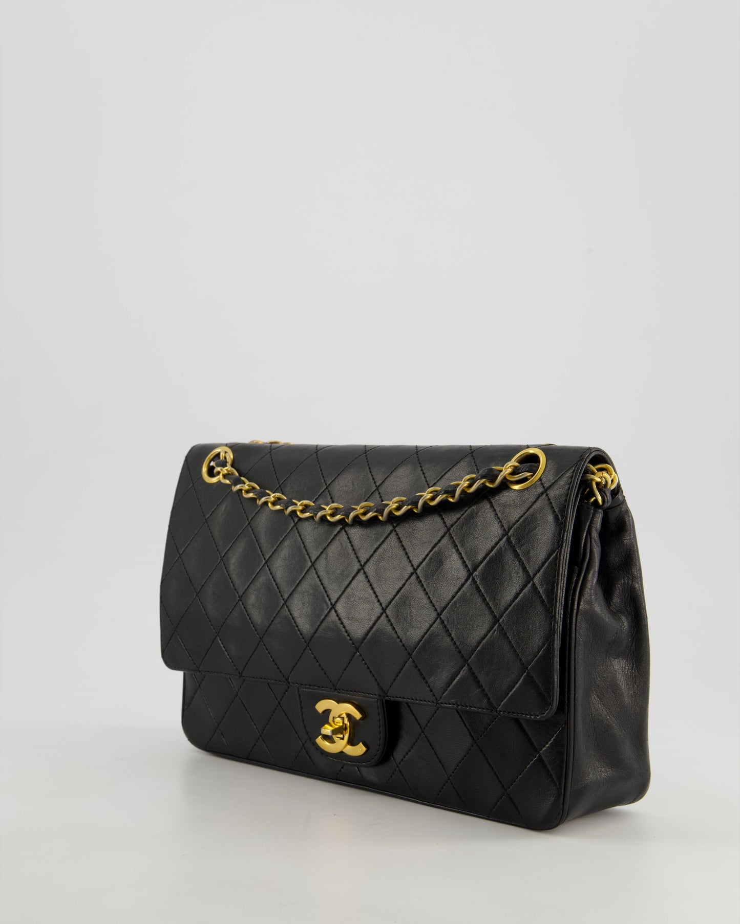 Chanel Vintage Black Classic Medium Stitched Edge Double Flap Bag in Lambskin Leather with 24K Gold Hardware