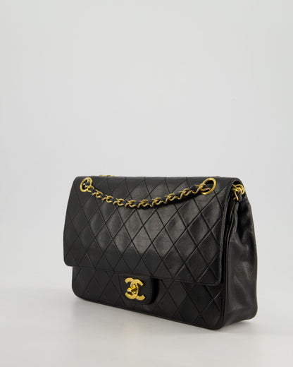 Chanel Vintage Black Classic Medium Stitched Edge Double Flap Bag in Lambskin Leather with 24K Gold Hardware