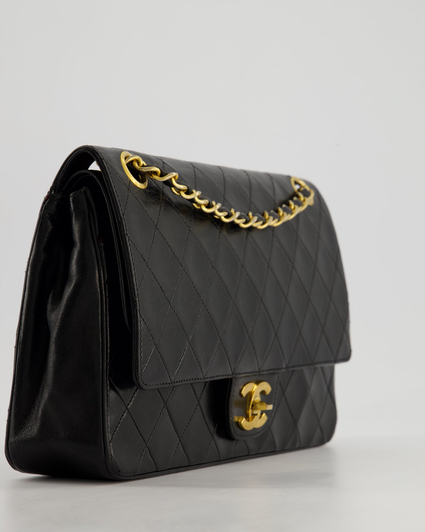 Chanel Vintage Black Classic Medium Stitched Edge Double Flap Bag in Lambskin Leather with 24K Gold Hardware