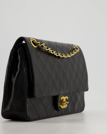 Chanel Vintage Black Classic Medium Stitched Edge Double Flap Bag in Lambskin Leather with 24K Gold Hardware