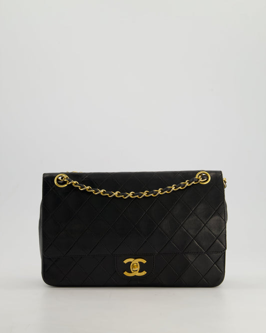 Chanel Vintage Black Classic Medium Stitched Edge Double Flap Bag in Lambskin Leather with 24K Gold Hardware
