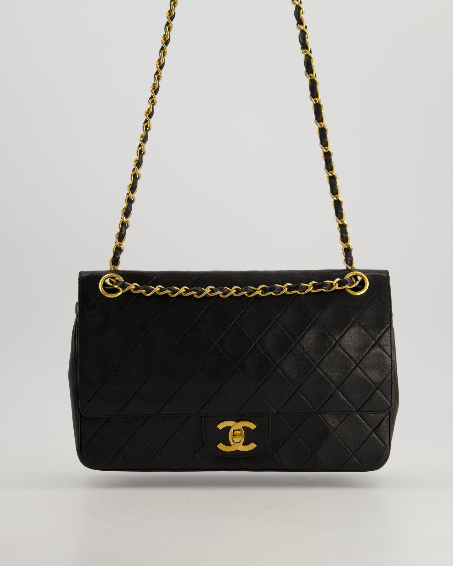Chanel Vintage Black Classic Medium Stitched Edge Double Flap Bag in Lambskin Leather with 24K Gold Hardware