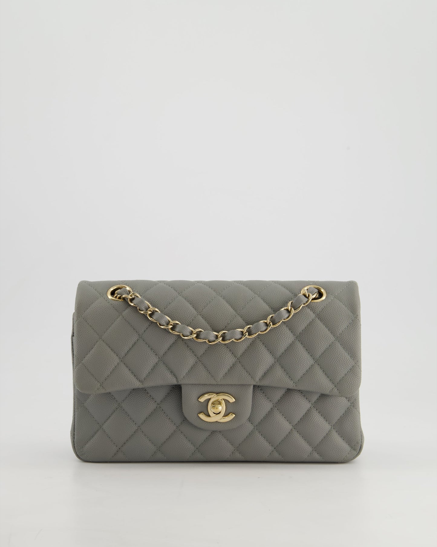 *HOT & RARE* Chanel Stone Grey Small Classic Double Flap Bag in Caviar Leather with Champagne Gold Hardware