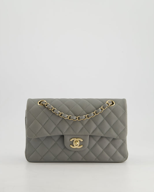 *HOT & RARE* Chanel Stone Grey Small Classic Double Flap Bag in Caviar Leather with Champagne Gold Hardware