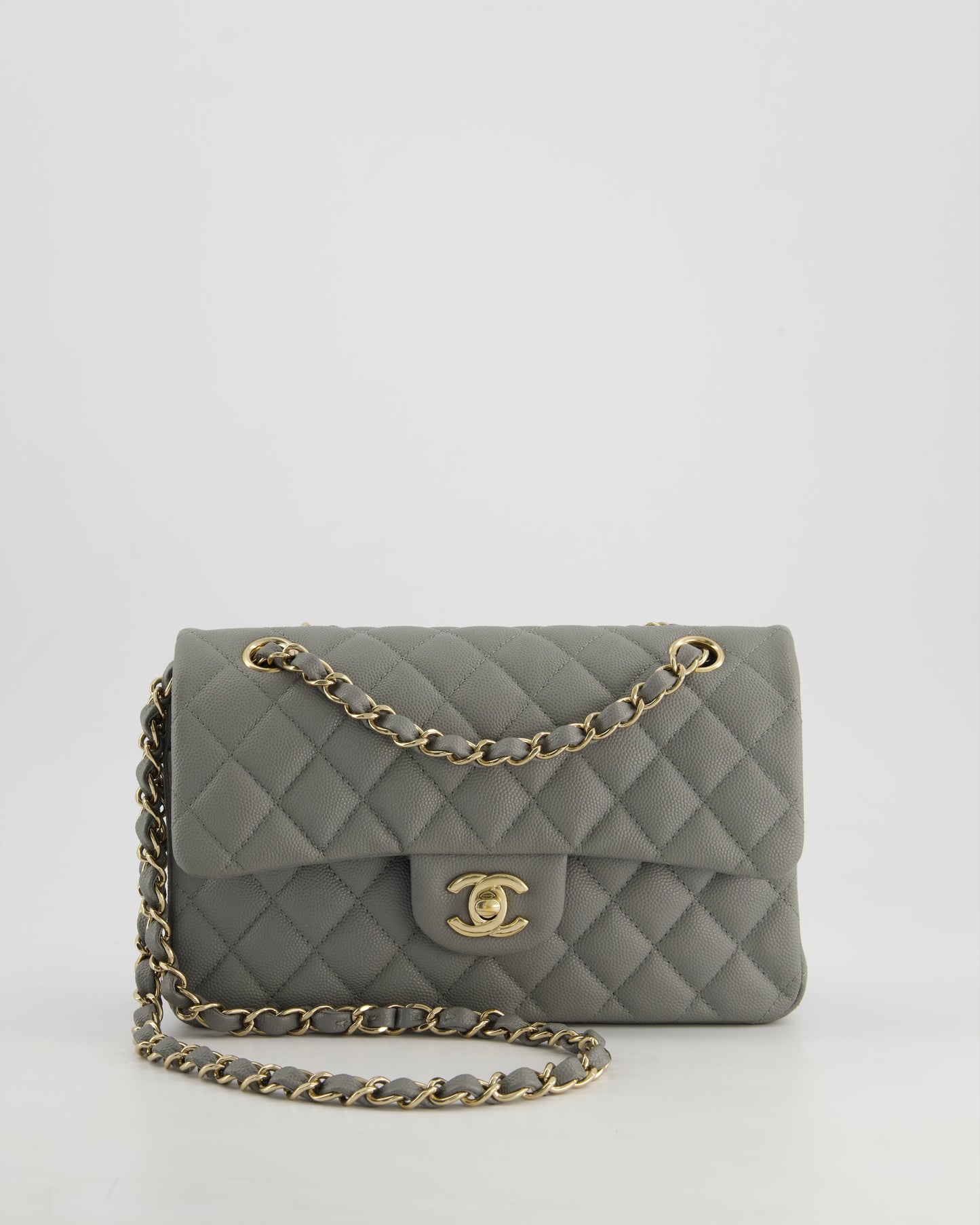 *HOT & RARE* Chanel Stone Grey Small Classic Double Flap Bag in Caviar Leather with Champagne Gold Hardware