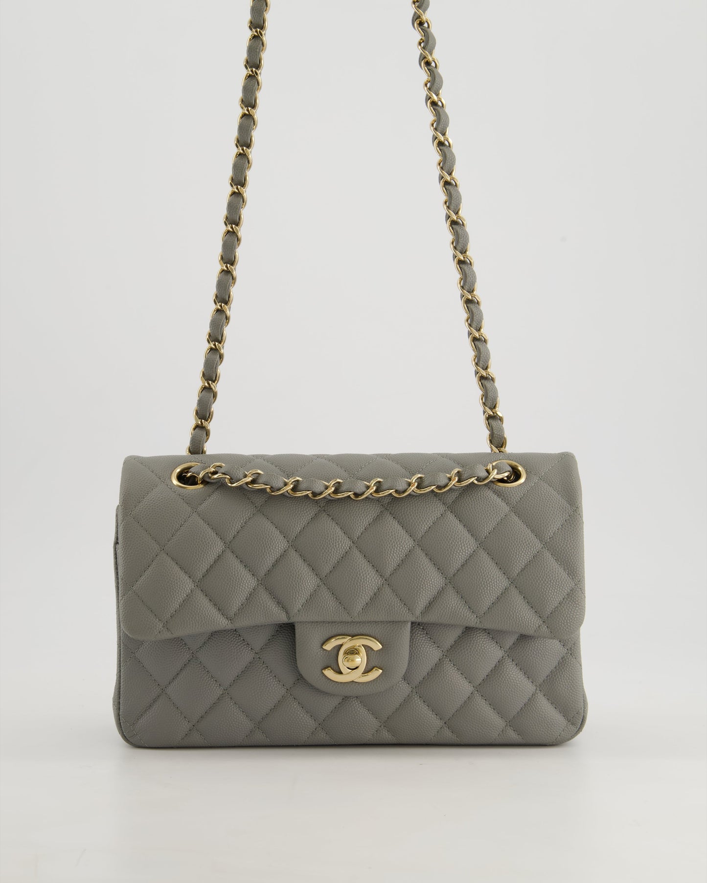 *HOT & RARE* Chanel Stone Grey Small Classic Double Flap Bag in Caviar Leather with Champagne Gold Hardware