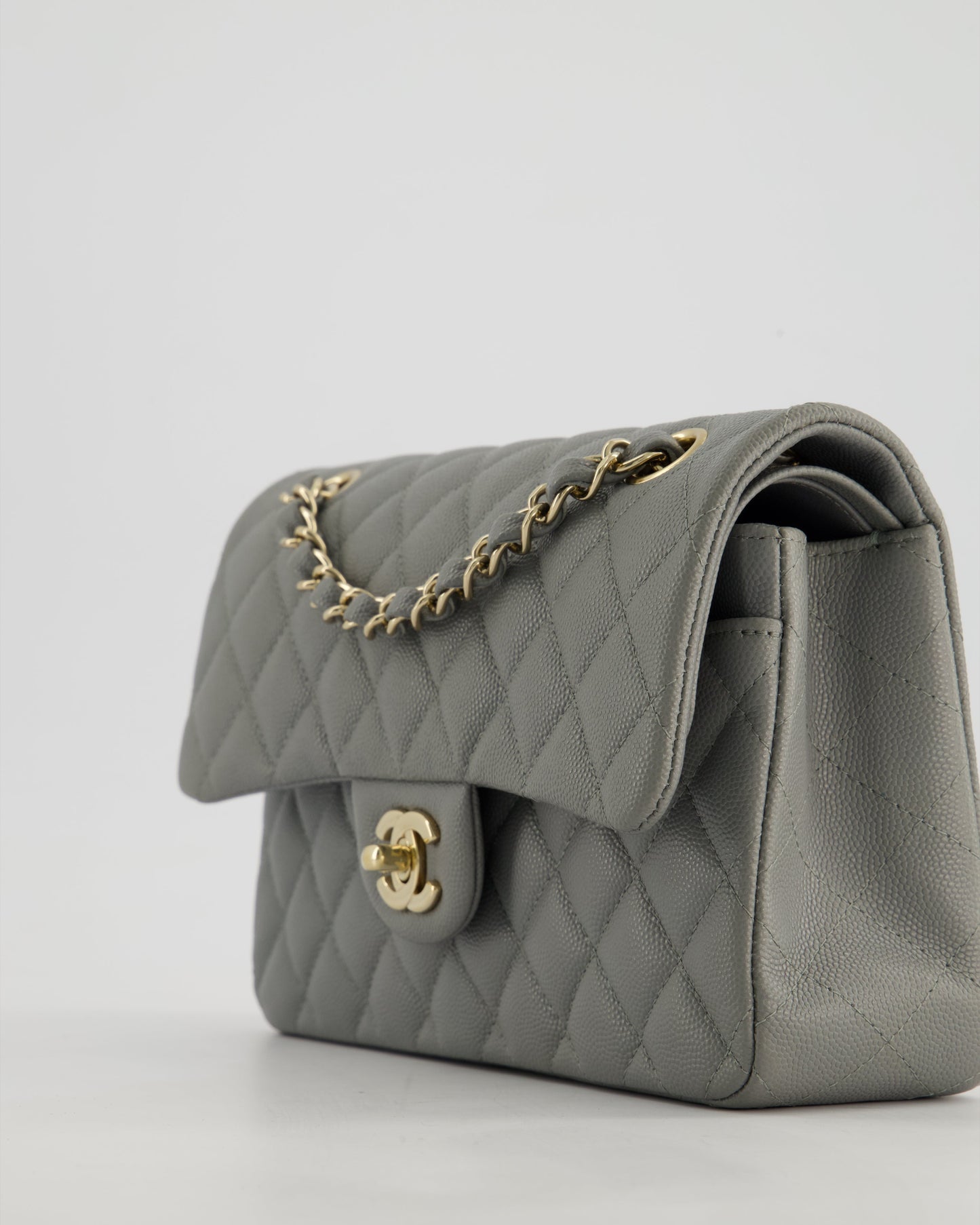*HOT & RARE* Chanel Stone Grey Small Classic Double Flap Bag in Caviar Leather with Champagne Gold Hardware