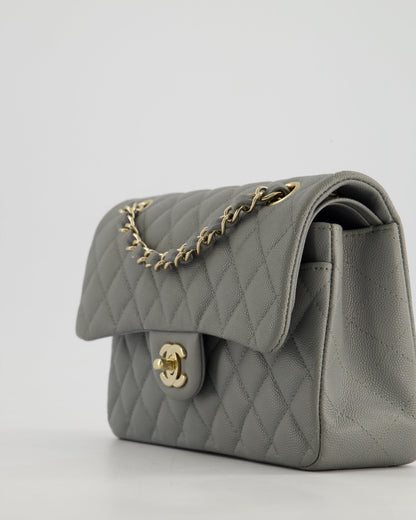 *HOT & RARE* Chanel Stone Grey Small Classic Double Flap Bag in Caviar Leather with Champagne Gold Hardware