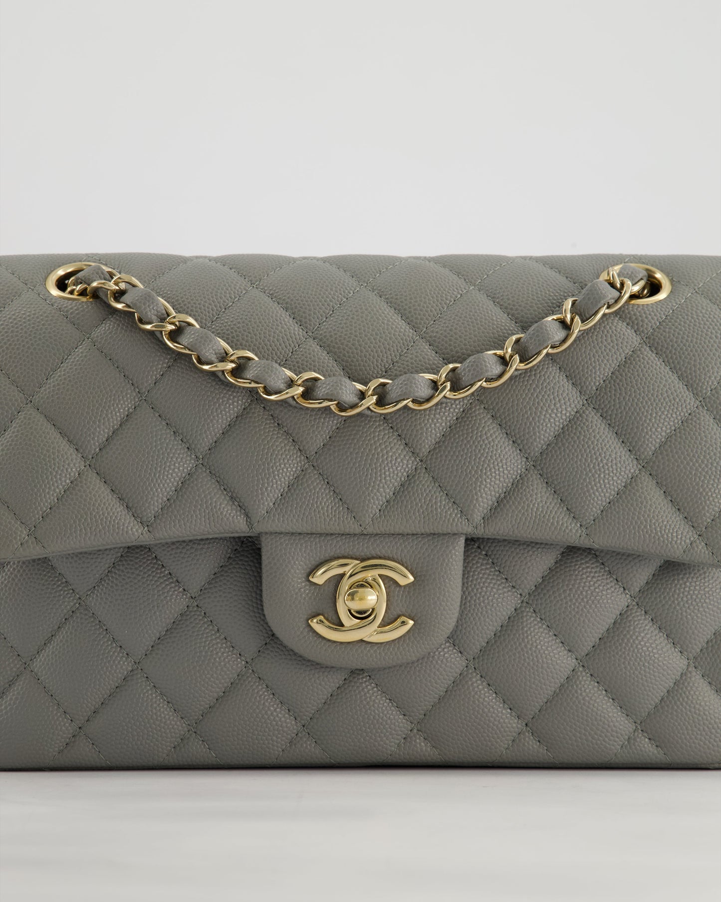 *HOT & RARE* Chanel Stone Grey Small Classic Double Flap Bag in Caviar Leather with Champagne Gold Hardware