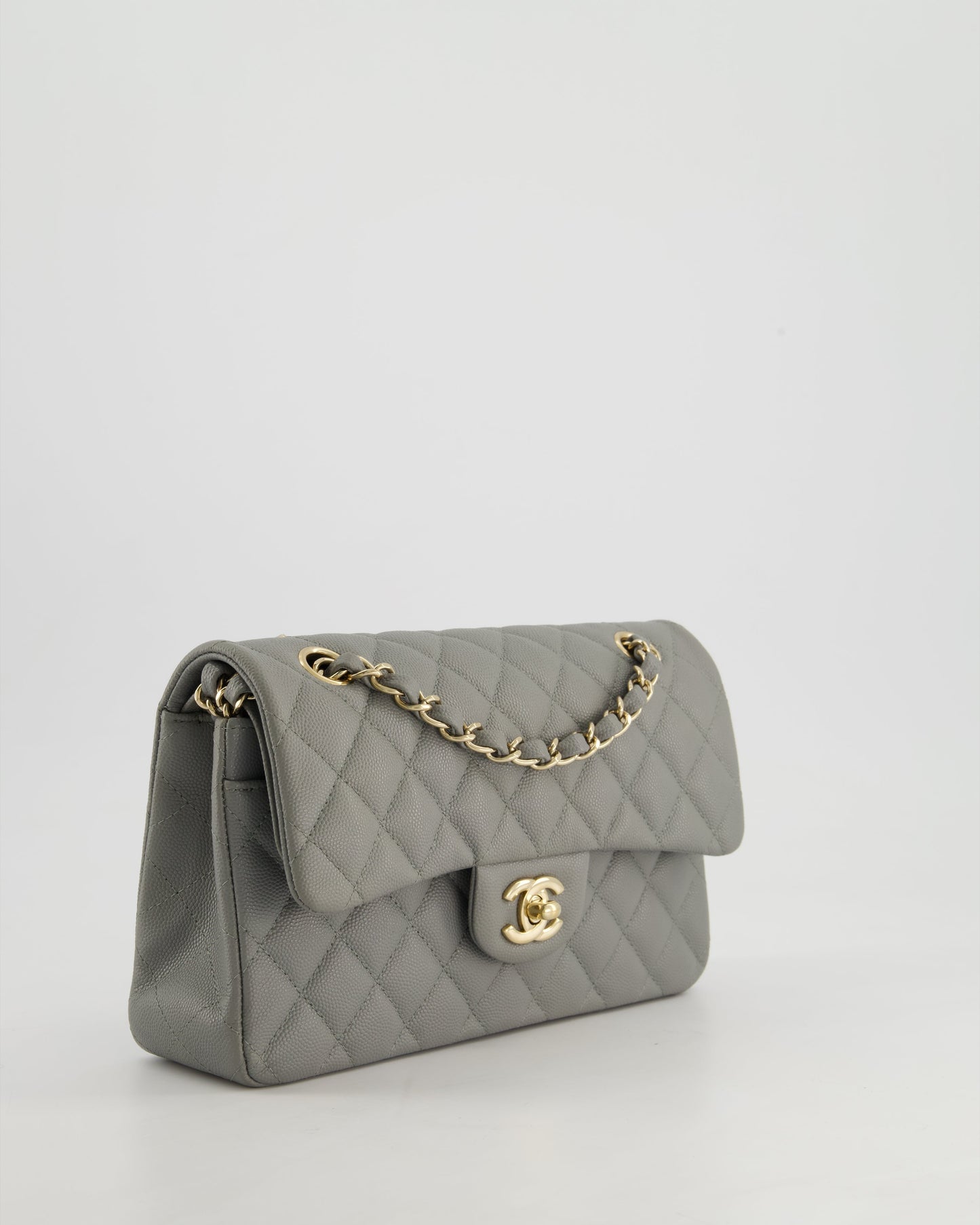 *HOT & RARE* Chanel Stone Grey Small Classic Double Flap Bag in Caviar Leather with Champagne Gold Hardware
