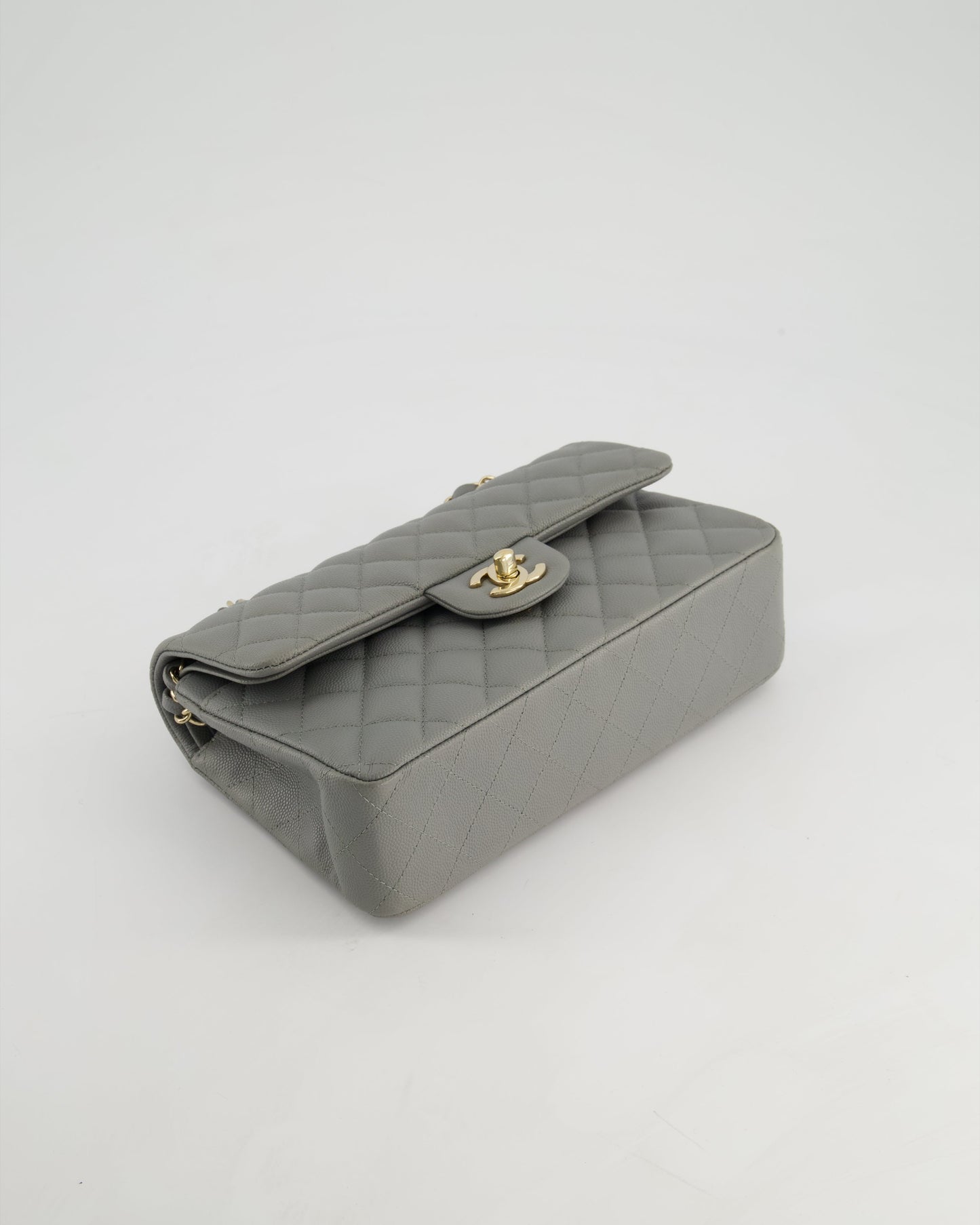 *HOT & RARE* Chanel Stone Grey Small Classic Double Flap Bag in Caviar Leather with Champagne Gold Hardware