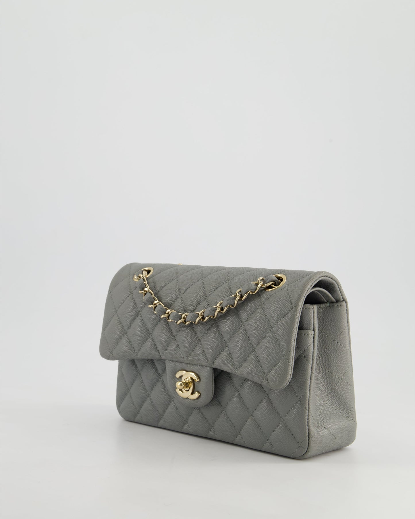 *HOT & RARE* Chanel Stone Grey Small Classic Double Flap Bag in Caviar Leather with Champagne Gold Hardware