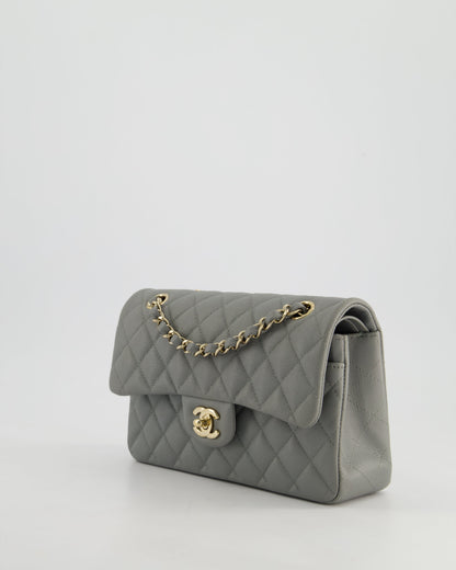 *HOT & RARE* Chanel Stone Grey Small Classic Double Flap Bag in Caviar Leather with Champagne Gold Hardware