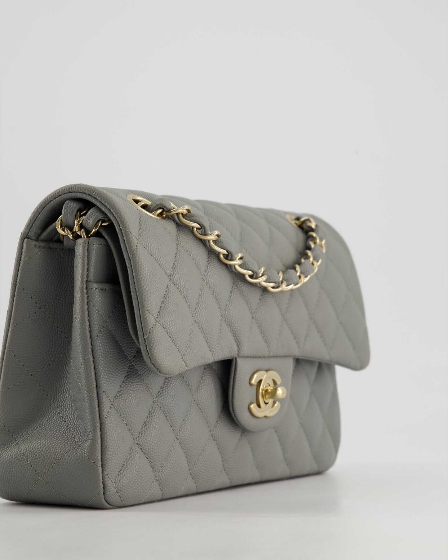 *HOT & RARE* Chanel Stone Grey Small Classic Double Flap Bag in Caviar Leather with Champagne Gold Hardware