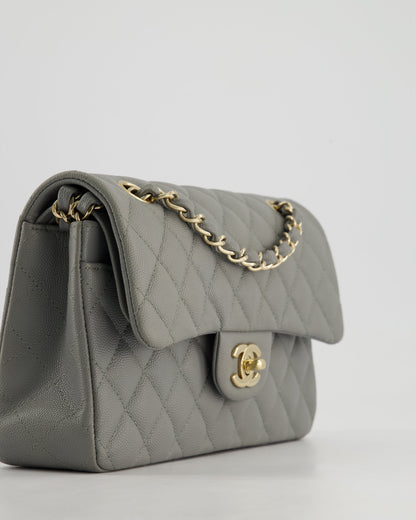 *HOT & RARE* Chanel Stone Grey Small Classic Double Flap Bag in Caviar Leather with Champagne Gold Hardware