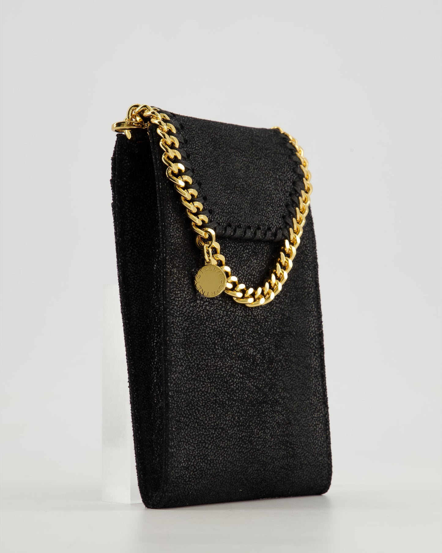 Stella McCartney Black Vegan Leather Falabella Cross-Body Phone Pouch with Gold Chain Detail
