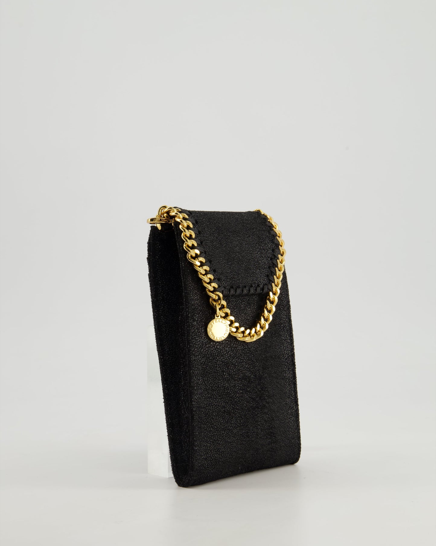 Stella McCartney Black Vegan Leather Falabella Cross-Body Phone Pouch with Gold Chain Detail