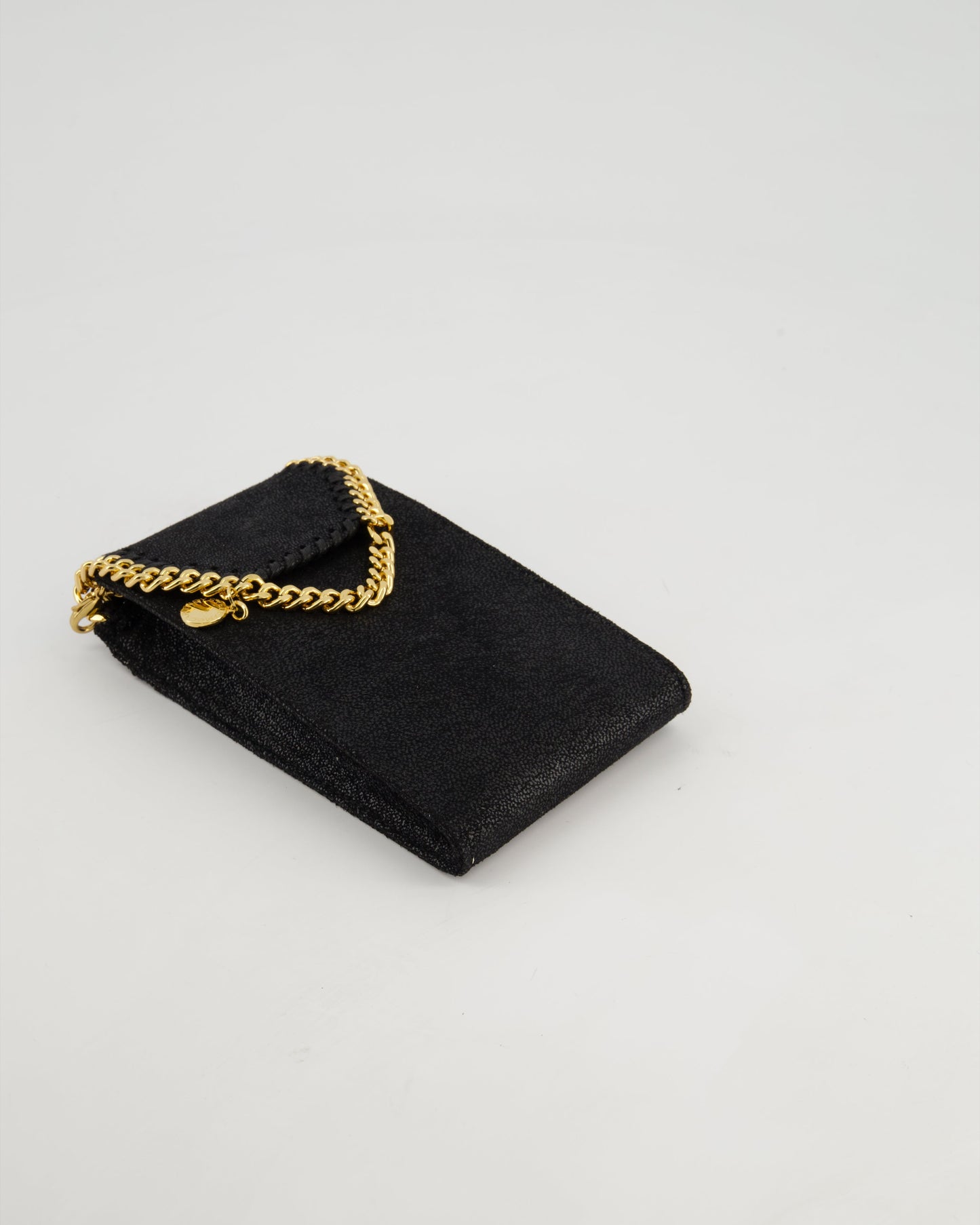 Stella McCartney Black Vegan Leather Falabella Cross-Body Phone Pouch with Gold Chain Detail