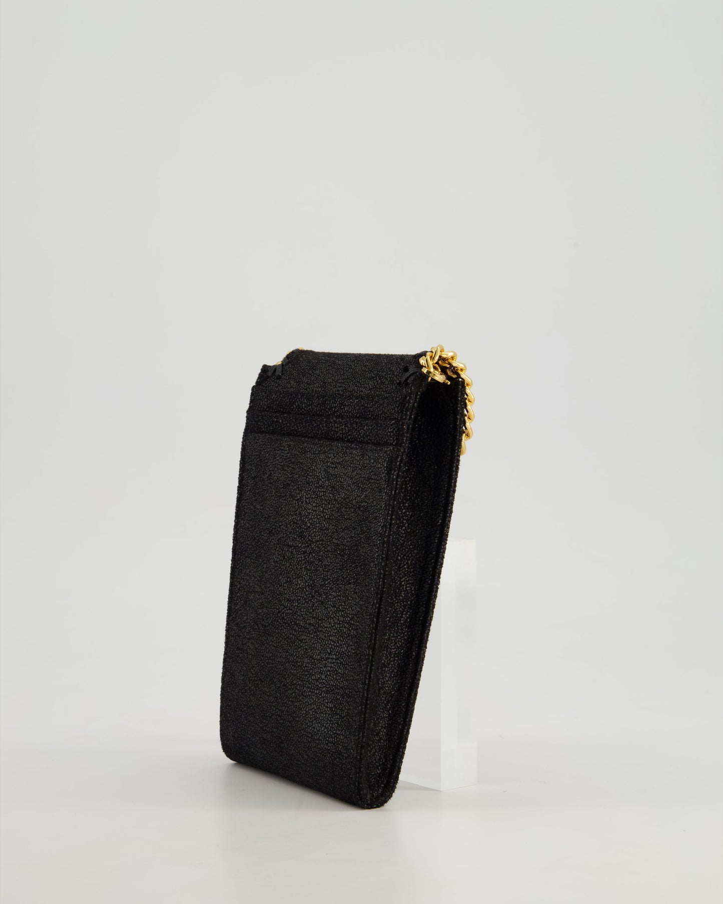Stella McCartney Black Vegan Leather Falabella Cross-Body Phone Pouch with Gold Chain Detail