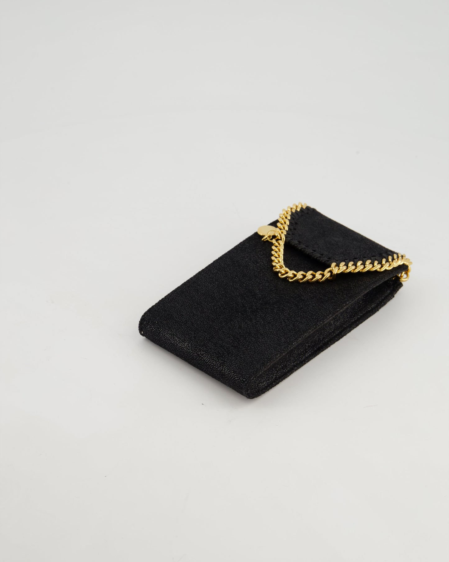 Stella McCartney Black Vegan Leather Falabella Cross-Body Phone Pouch with Gold Chain Detail
