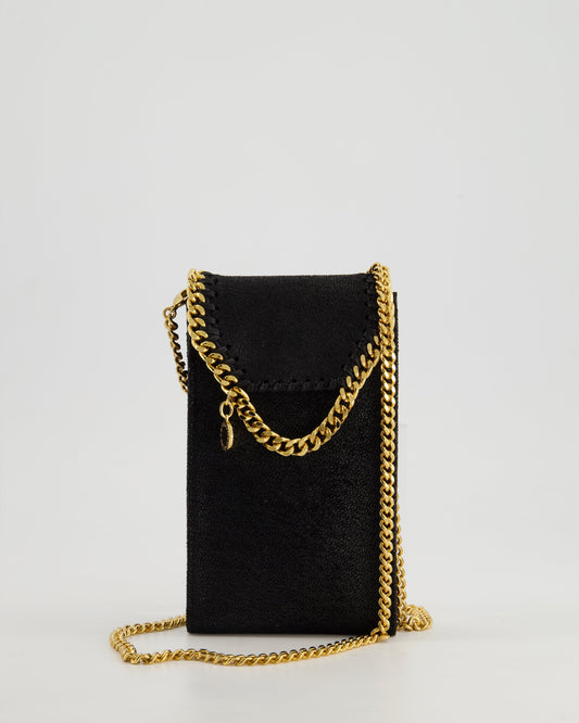 Stella McCartney Black Vegan Leather Falabella Cross-Body Phone Pouch with Gold Chain Detail