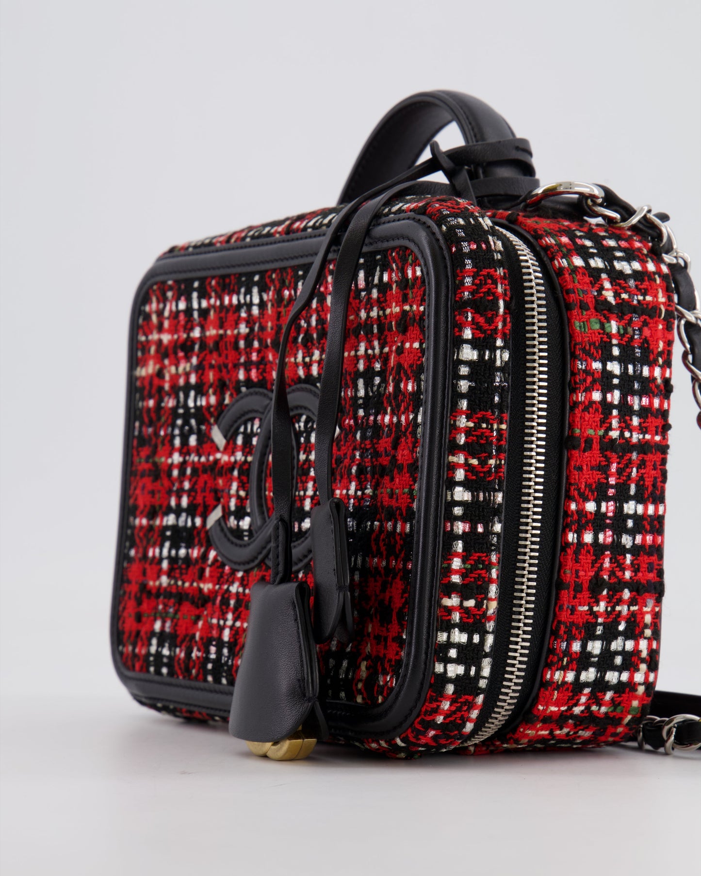 Chanel Black and Red Medium CC Filigree Vanity Case Bag in Tweed with Silver Hardware and Chain Detail