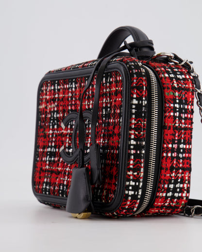 Chanel Black and Red Medium CC Filigree Vanity Case Bag in Tweed with Silver Hardware and Chain Detail