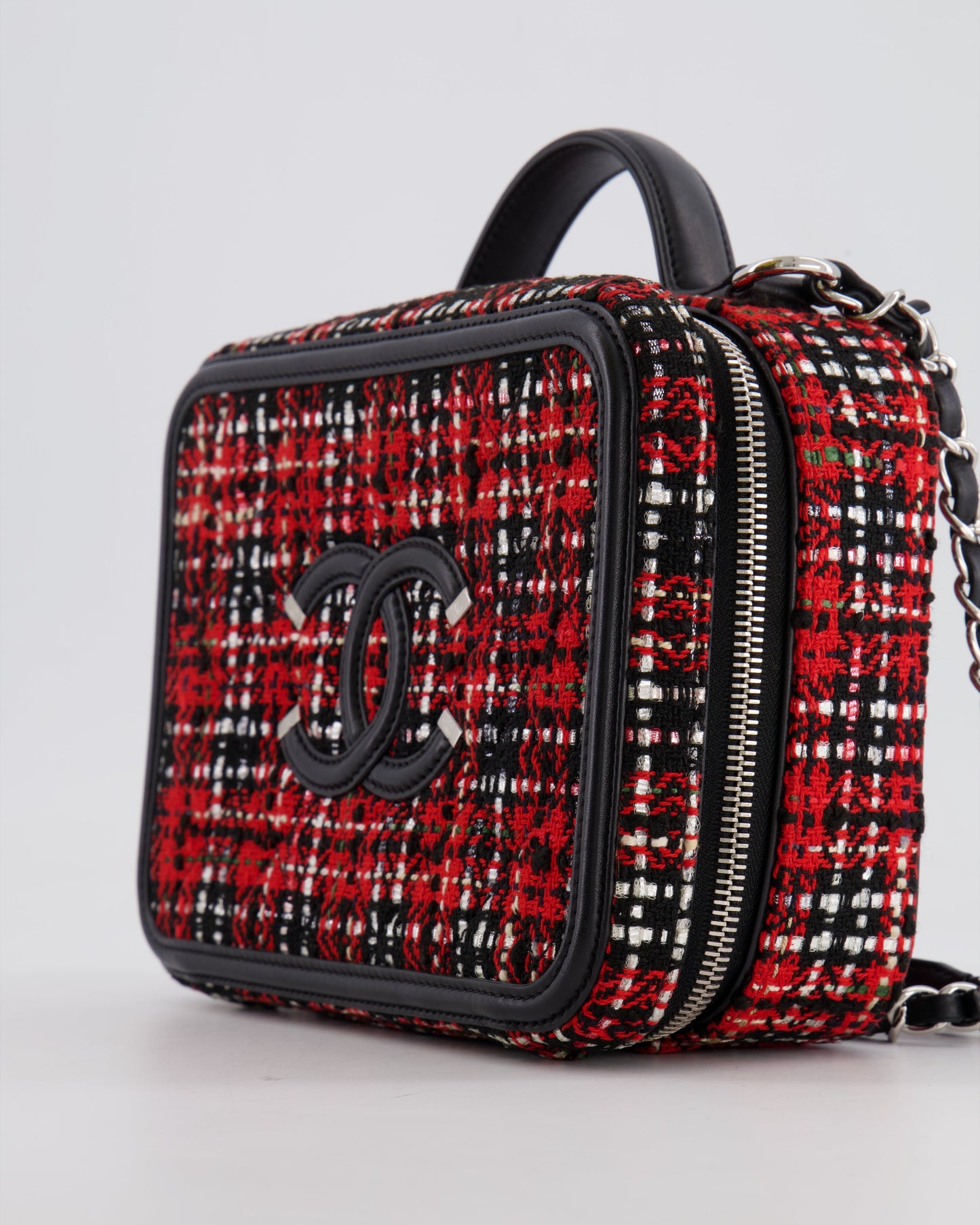 Chanel Black and Red Medium CC Filigree Vanity Case Bag in Tweed with Silver Hardware and Chain Detail