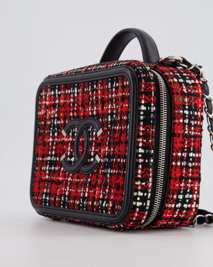 Chanel Black and Red Medium CC Filigree Vanity Case Bag in Tweed with Silver Hardware and Chain Detail