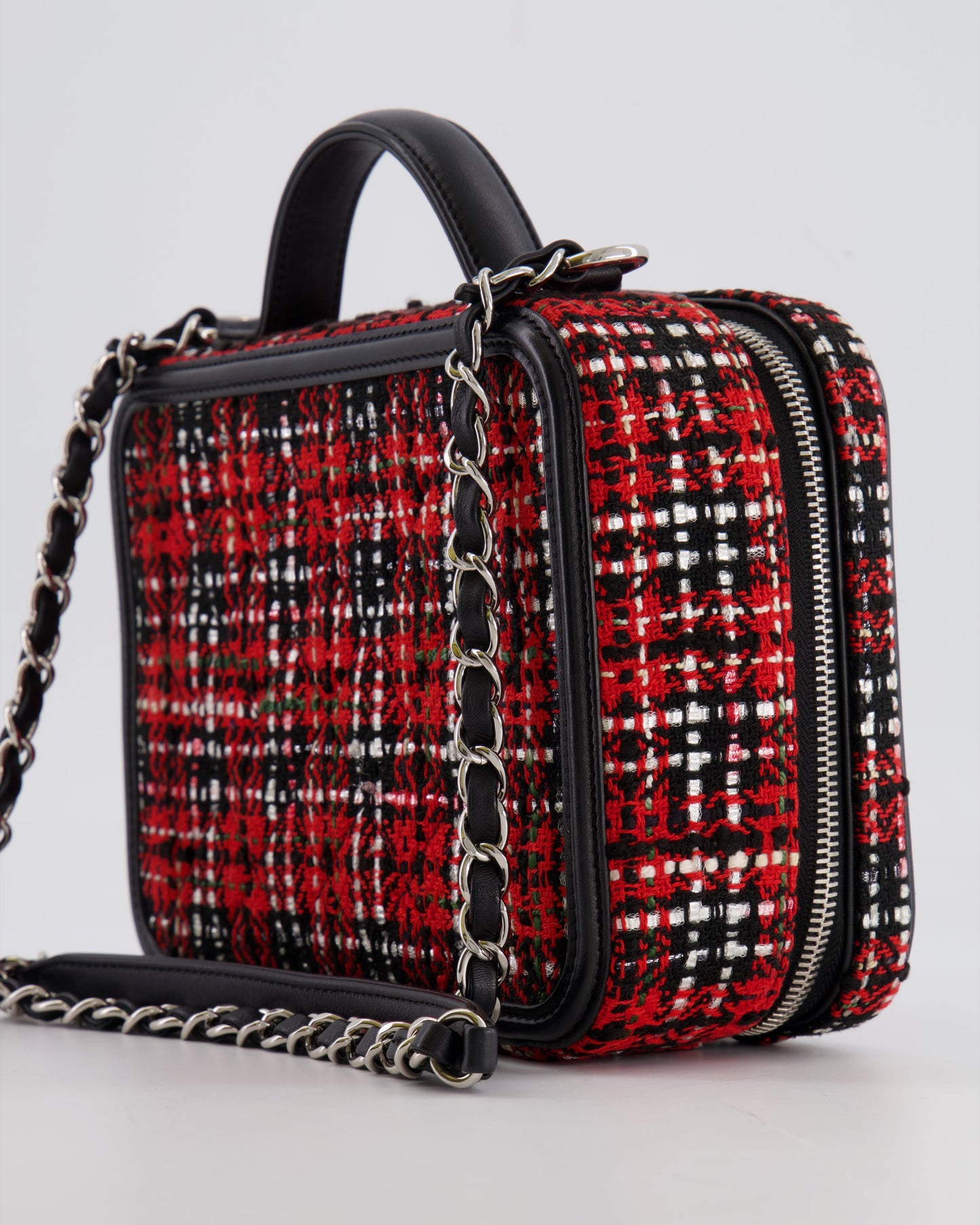 Chanel Black and Red Medium CC Filigree Vanity Case Bag in Tweed with Silver Hardware and Chain Detail