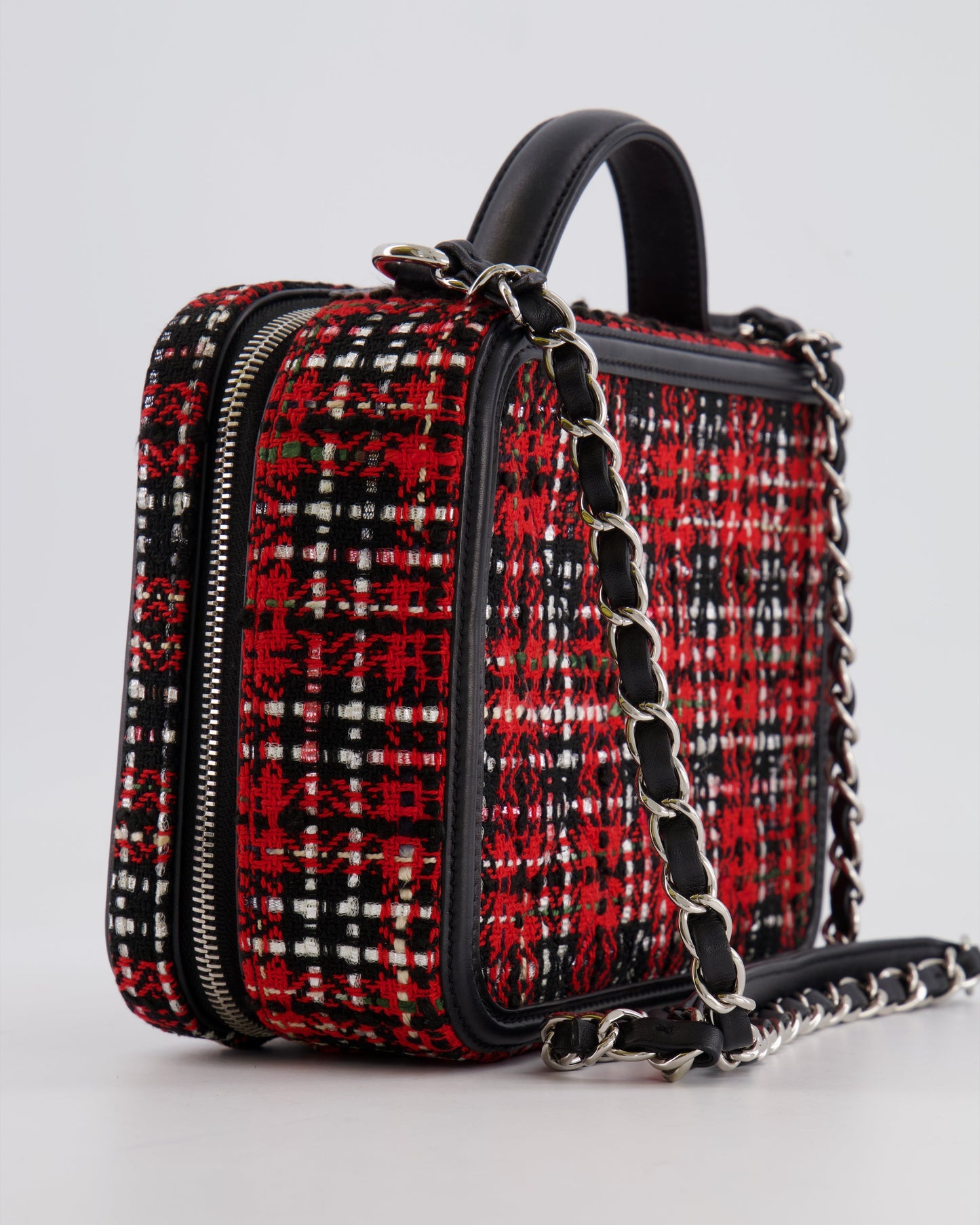 Chanel Black and Red Medium CC Filigree Vanity Case Bag in Tweed with Silver Hardware and Chain Detail